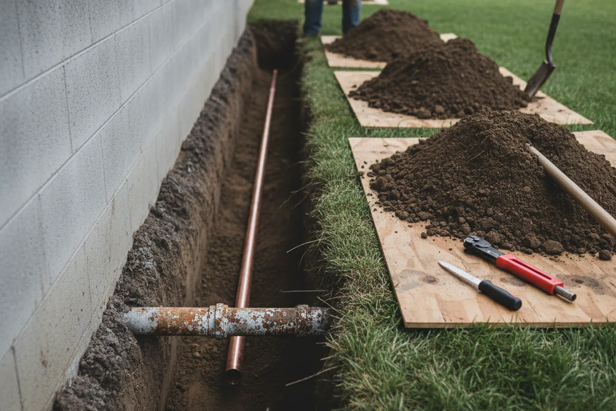 Excavated water line trench during Water Heater Repair in Bozeman